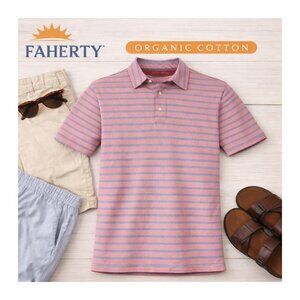 Faherty Mens XS Isle Stripe Polo Organic Cotton Summer Shirt Blue Pink Collar